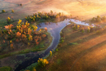 Aerial view of beautiful curving river in fog at sunrise in autumn in Ukraine. Turns of river, meadows, orange grass, foggy trees, golden sun rays at dawn in fall. Colorful aerial landscape. Top view