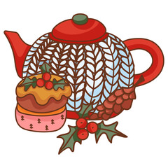 Single hand drawn tea kettle. Christmas vector illustration. Isolated on white background.