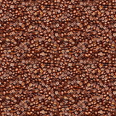 Contrast photo of evenly scattered coffee beans - seamless texture. Seamless pattern of golden roasted coffee beans.