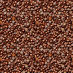 Seamless photo of heavily roasted coffee beans with highlights and deep shadows for backgrounds and textures. Golden well-roasted coffee beans - seamless pattern.