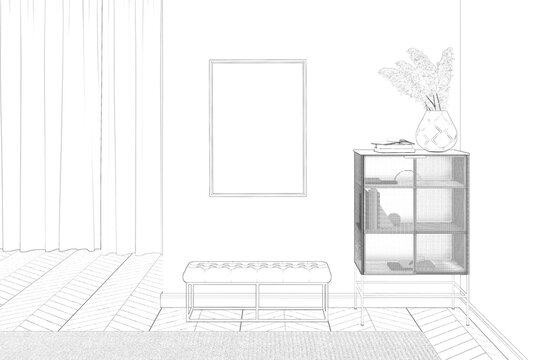 Sketch the modern room with the vertical poster above a leather ottoman, dried flowers in the vase on the tall black modern dresser, and a large window with curtains in the background. 3d render