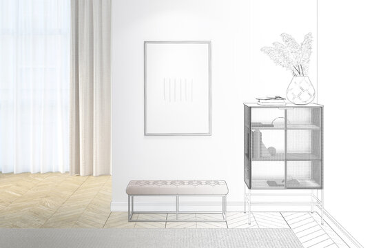 A sketch becomes a bright room with a vertical poster above a leather ottoman, dried flowers in the vase on the tall black modern dresser, and a large window with curtains in the background. 3d render