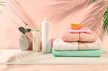 Fototapeta na wymiar Spa and wellness composition with cosmetic bottle, shampoo, lotion and stack of towels, template for design. Minimal abstract background with long shadows for beauty products presentation, spa salon 