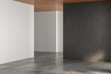 Realistic 3D rendering of empty room, beautiful sunlight and window frame shadow on black blank wall, white wall. concrete floor, wooden ceiling. Background, Interior. Front view.Mock up.