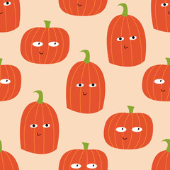 Seamless pattern with cute pumpkins with funny faces. Halloween vector background