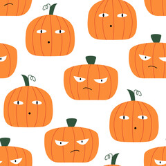 Seamless pattern with cute pumpkins with funny faces. Halloween vector background