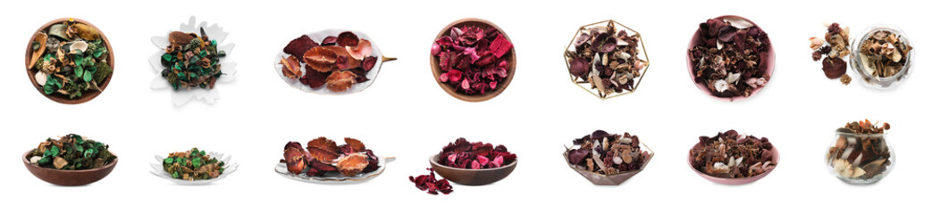 Set with scented potpourri on white background. Banner design