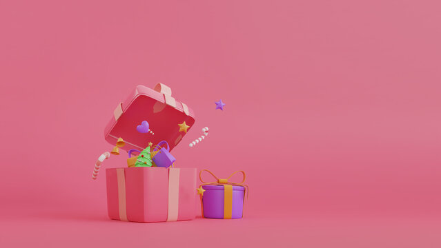 happy christmas with open gift box on pink background 3d rendering