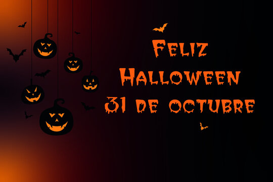 tarjeta o pancarta para una feliz fiesta de halloween el 31 de octubre en naranja sobre un fondo degradado negro y naranja con calabazas naranjas y negras y murciélagos negros