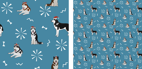 Seamless dog pattern, winter Christmas texture. Square format, t-shirt, poster, packaging, textile, socks, textile, fabric, decoration, wrapping paper. Trendy hand-drawn husky dogs, Siberian breed. © Natalia