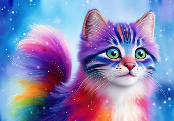 Cute kitten in snow, multicolor - obrazy, fototapety, plakaty