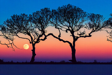 Silhouetted trees during the blue hour with a rising moon