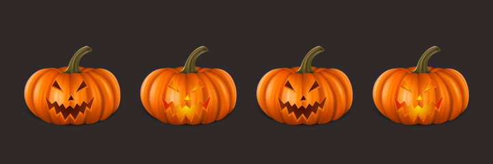 Vector Halloween Pumpkin Set. Cute Jack-o-lanterns, Carved Pumpkin Face for Invitations, Cards, Packaging, Wrapping, Banners Design. 3d Realistic Pumpkins