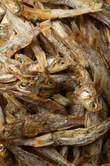 Many tasty dried anchovies as background, closeup