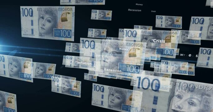 Swedish Krona 100 SEK banknote loop. Flying between transparent money Sweden note. 3D seamless looped abstract concept of business, economy, finance, crisis and banking.