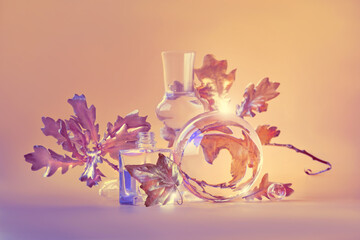 Biophilic Autumn background. Gilded gold oak leaves distorted by transparent glass jars, small...