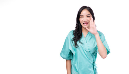 Happy asian woman patient holding hand aside mouth announce good news standing on white background. Excited patient female screaming announcement positive news over isolated. Health care insurance.