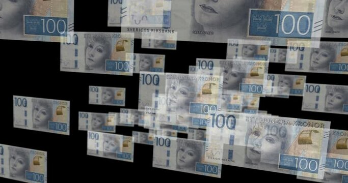 Swedish Krona 100 SEK banknote loop. Flying between transparent money Sweden note. 3D seamless looped abstract concept of business, economy, finance, crisis and banking.