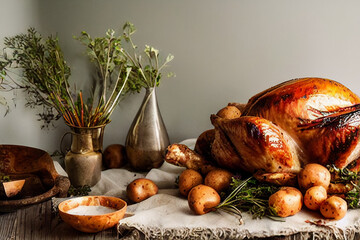Traditional thanksgiving roasted turkey with green garnish and vegetables, ai generated image 