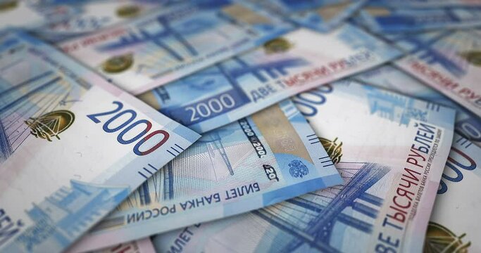 Ruble 2000 RUB banknote surface. Flying over Russia money note. 3D abstract concept of business, inflation, economy, finance, crisis and banking.