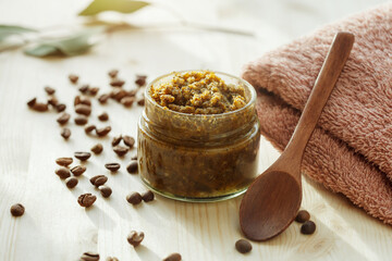 Coffee salt or sugar homemade natural scrub, facial peeling and body massage, beauty, spa and relax