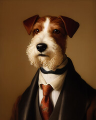 Foxterrier dog in a man suit. Close up portrait. 