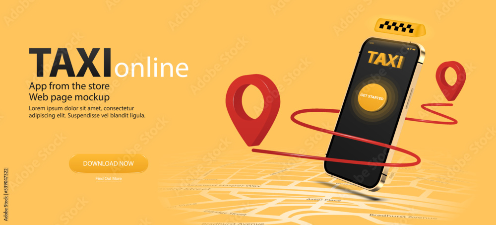 Poster taxi app banner. online service for order taxi in application smartphone. 3d mobile phone with cab a