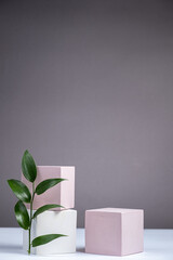 Cosmetic background with geometric shapes on a gray backdrop. three cubic podiums and green leaves. Mockup for the demonstration of cosmetic products.