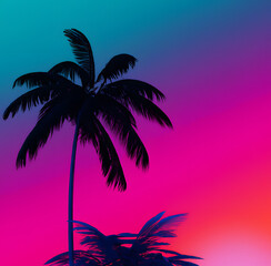 Fototapeta na wymiar Vaporwave illustration of silhouette coconut palm tree on a gradient background sunset.. Aesthetics. 3D Illustration.