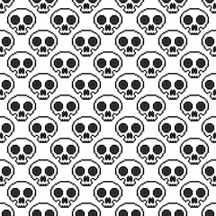 Small pixel skulls isolated on white background. Cute seamless pattern. Vector simple flat graphic illustration. Texture.