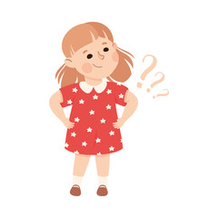 Puzzled Little Girl with Question Mark Scratching Her Head Wondering Vector Illustration
