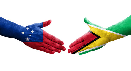 Handshake between Guyana and Samoa flags painted on hands, isolated transparent image.