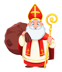 Cute Saint Nicholas or Sinterklaas with big bag. Happy Saint Nicholas Day. Cute cartoon character.  - 539051146