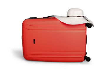 Red suitcase with a sun hat on the top front view