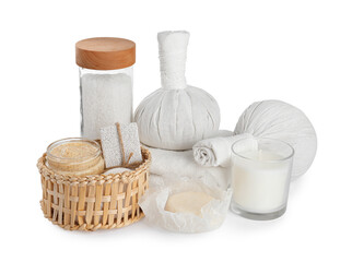 Beautiful spa composition with different body care products isolated on white