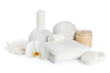 Obraz na płótnie Canvas Beautiful spa composition with different body care products isolated on white