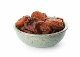 Ceramic bowl with tasty dried apricots isolated on white