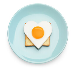 Plate with tasty fried egg in shape of heart and toast isolated on white, top view