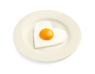 Plate with tasty fried egg in shape of heart and toast isolated on white