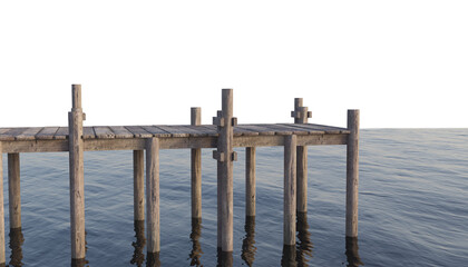 Wooden bridge on lake wooden jetty isolated