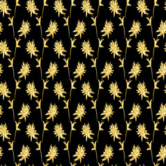 Floral pattern in japanese style. Clover flowers in golden gradient colors on black background. Seamless background, vector drawing. For identity designs, packaging and textile.