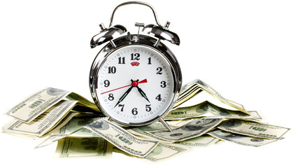 Alarm clock on dollar bills on white background