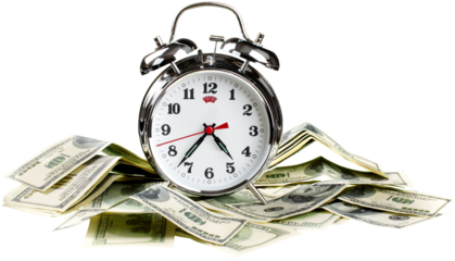 Alarm clock on dollar bills on white background