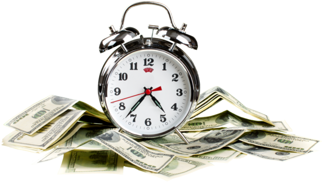 Alarm clock on dollar bills on white background