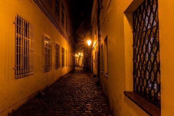 Fototapeta na wymiar Night view of an alley in the center of Prague, Czech Republic