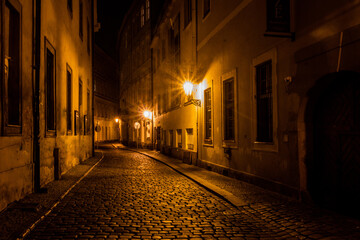 Night view of an alley in the center of Prague, Czech Republic
