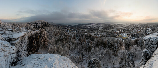 Winter aerial view of Tisa village from  Tiske steny rocks, Czech Republic