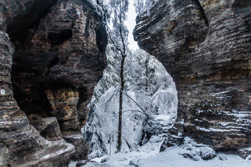Fototapeta na wymiar Winter view of a landscape of Tiske steny rocks, Czech Republic