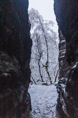 Fototapeta na wymiar Winter view of a landscape of Tiske steny rocks, Czech Republic