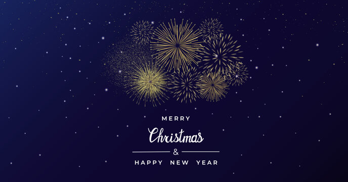 Vector Bright festive fireworks in the night sky. Lighting effects, luminous elements. Happy New Year and Christmas.